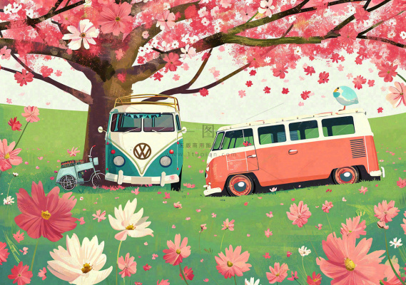 清新可爱春日郊游旅行房车粉绿蜡笔插画手绘草坪,惊蛰春分 清新可爱春日郊游旅行房车粉绿蜡笔插画手绘草坪,惊蛰春分