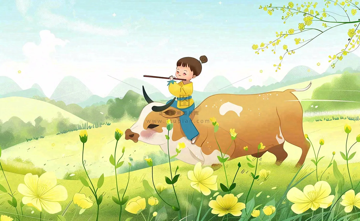 春天孩童放牛吹笛草地花丛出游清明时节卡通插画背景