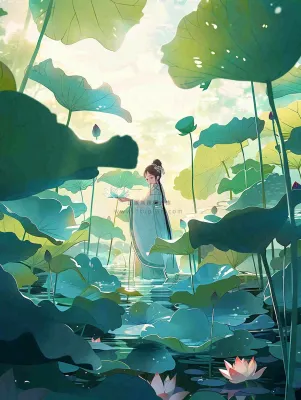 夏天插画风格古装少女在荷花池采莲花唯美夏日清凉小暑立夏夏至大暑插画背景