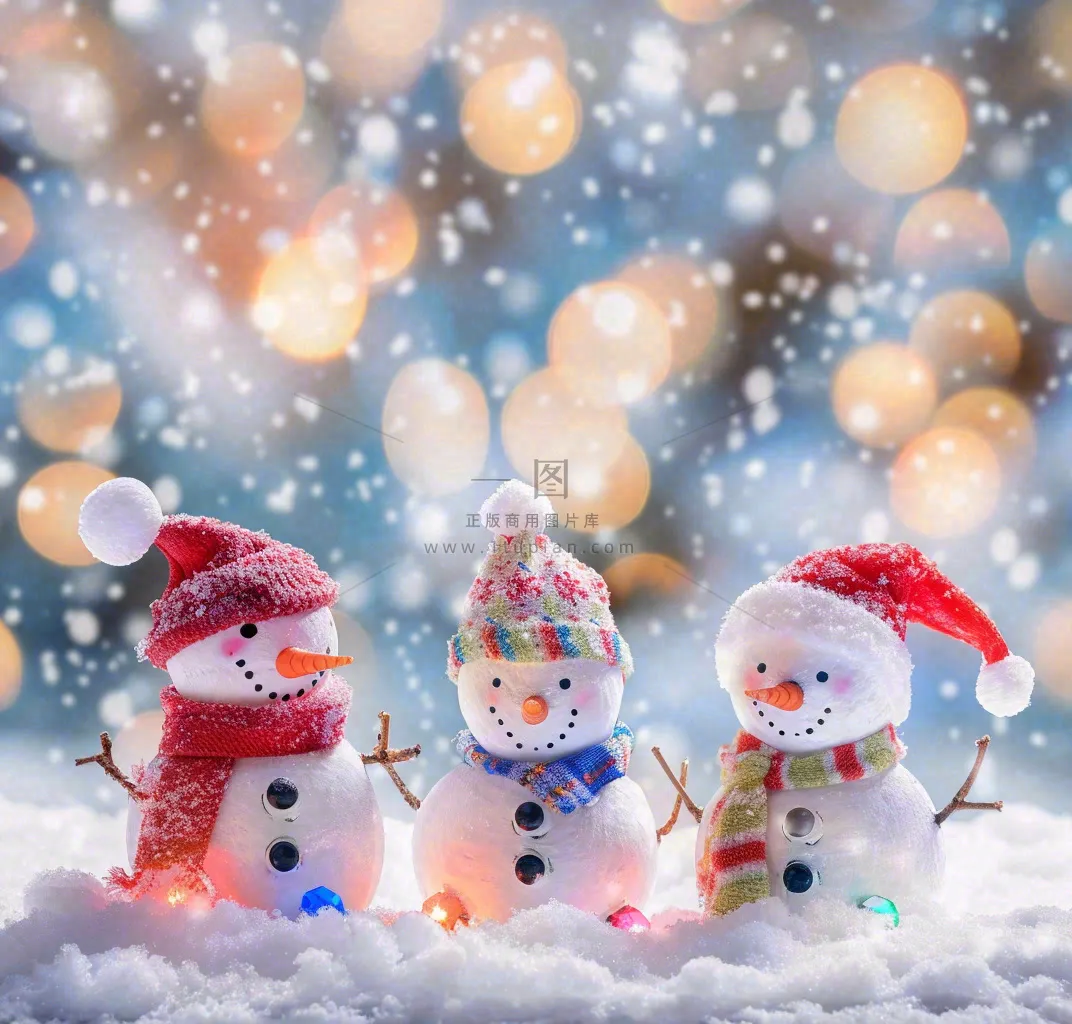 冬天雪地堆雪人唯美光圈温馨雪花飘零立冬冬至小雪大雪圣诞摄影图