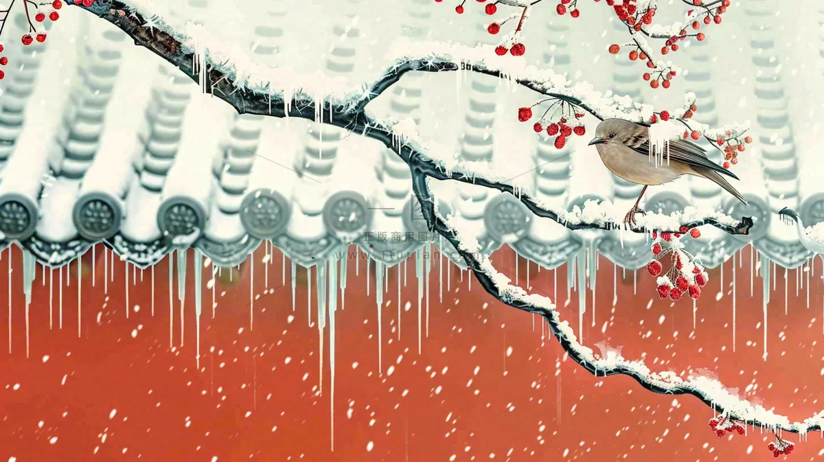 冬季大雪纷飞红色宫墙梅花枝条的小鸟国风插画立冬冬至大雪背景 