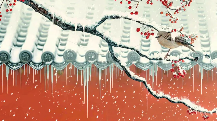 冬季大雪纷飞红色宫墙梅花枝条的小鸟国风插画立冬冬至大雪背景  冬季大雪纷飞红色宫墙梅花枝条的小鸟国风插画立冬冬至大雪背景