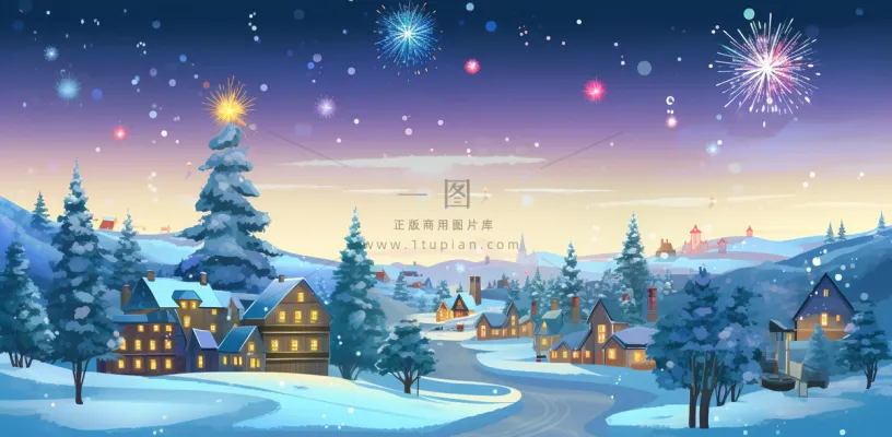 冬季雪天圣诞小镇装饰夜晚节日氛围卡通插画背景