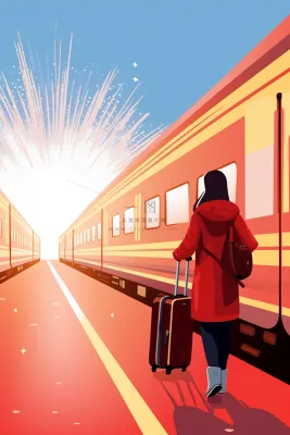 中国传统节日春节除夕春运赶火车回家团聚的人物插画海报背景