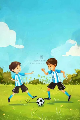 儿童学生草坪上踢足球运动竞技儿童节卡通插画背景
