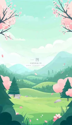 春天卡通手绘绿色的山景和开满粉红色画的树，春游，踏青，春分