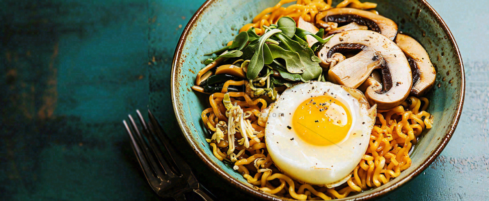 美食方便面鸡蛋意面西餐简餐摄影图