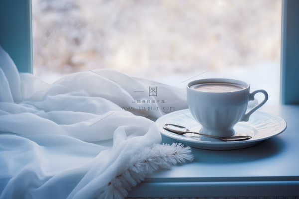 冬季静物热咖啡毛巾在窗台和窗外的雪景摄影图