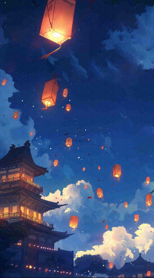 夜晚点灯孔明灯祈福中元节寒衣节插画背景 夜晚点灯孔明灯祈福中元节寒衣节插画背景