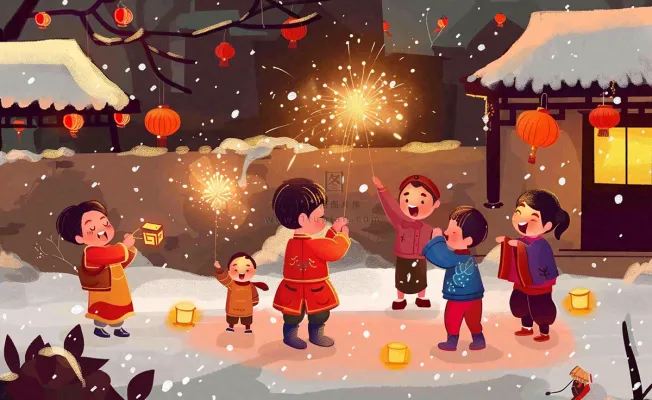 卡通新年除夕夜孩童放烟花鞭炮团聚喜庆春节插画过年背景 卡通新年除夕夜孩童放烟花鞭炮团聚喜庆春节插画过年背景