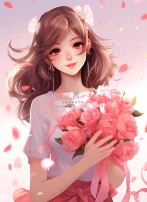 美丽少女抱着大捧粉色鲜花卡通插画