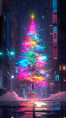 炫酷圣诞彩色缤纷圣诞树节日，夜晚街道建筑，暗黑