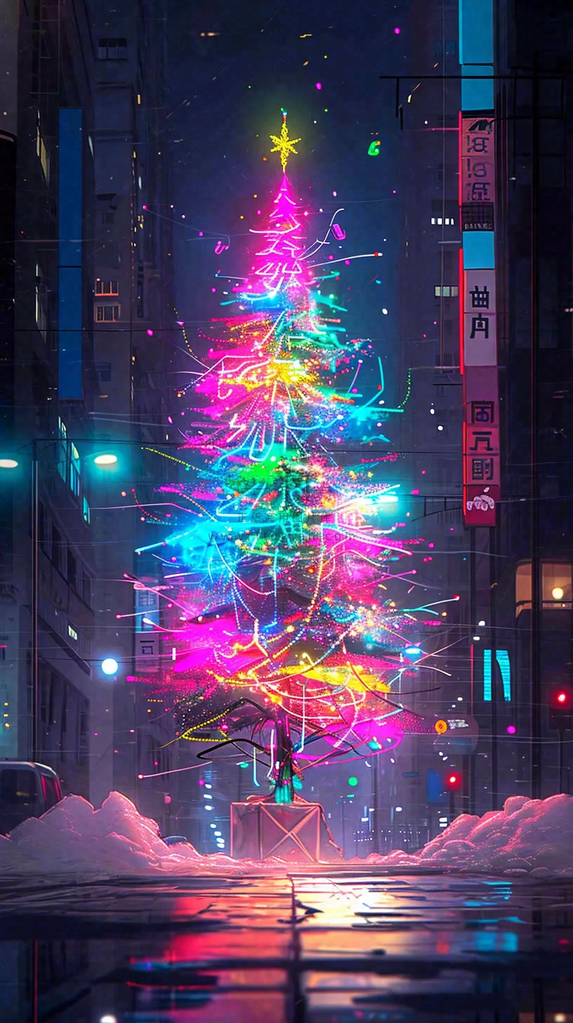 炫酷圣诞彩色缤纷圣诞树节日,夜晚街道建筑,暗黑