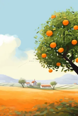 秋季成熟的橘子树遍地金黄远处的小村庄卡通插画素材
