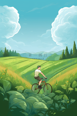 春游骑自行车的人风吹草地鲜花绿叶盛开卡通插画背景 春游骑自行车的人风吹草地鲜花绿叶盛开卡通插画背景