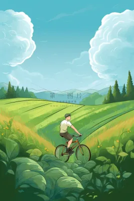 春游骑自行车的人风吹草地鲜花绿叶盛开卡通插画背景 春游骑自行车的人风吹草地鲜花绿叶盛开卡通插画背景