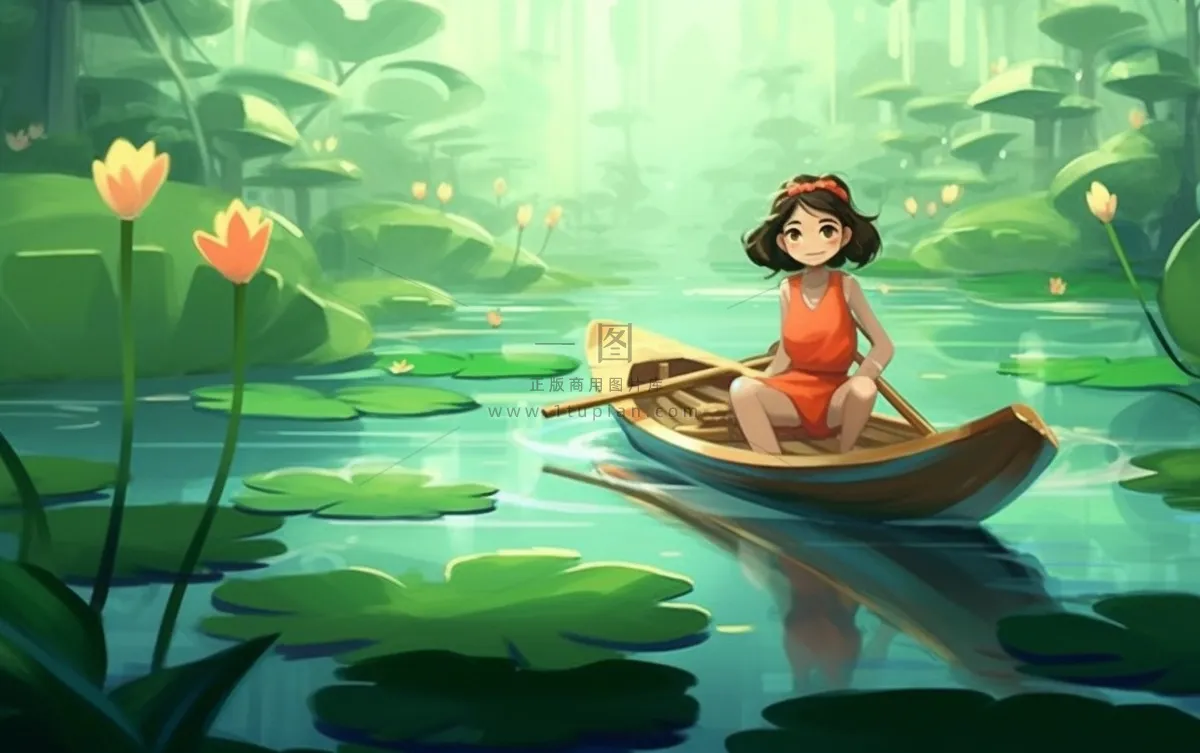 湖泊划船睡莲风光插画背景