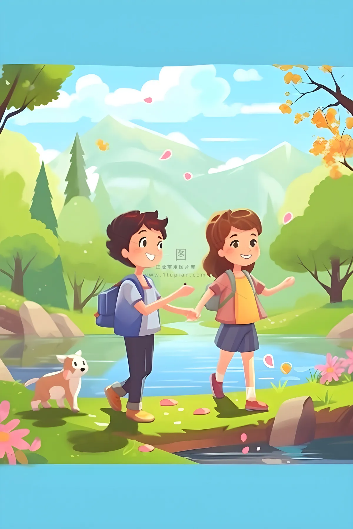 儿童孩子们大自然草原森林游玩卡通背景