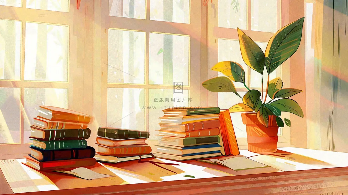 世界读书日窗前书桌书本绿植卡通插画背景