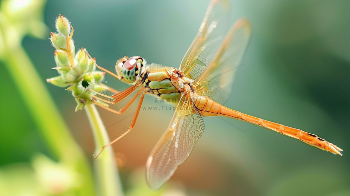 蜻蜓绿叶上停留的竹蜻蜓昆虫春天摄影图