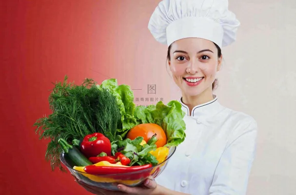 女生厨师抱着蔬菜盆生鲜白色背景摄影图