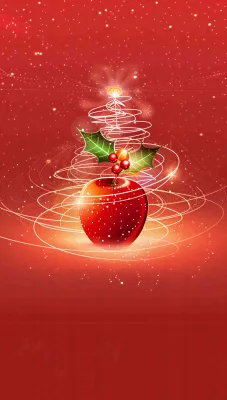 平安夜创意插画红苹果金色圣诞树线条围绕插画背景