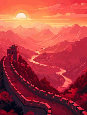 万里长城中国山河红色北京旅游景点八一建军节红色文化卡通插画背景