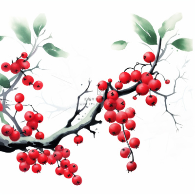 树枝上的红色果实小清新植物水墨画插画素材
