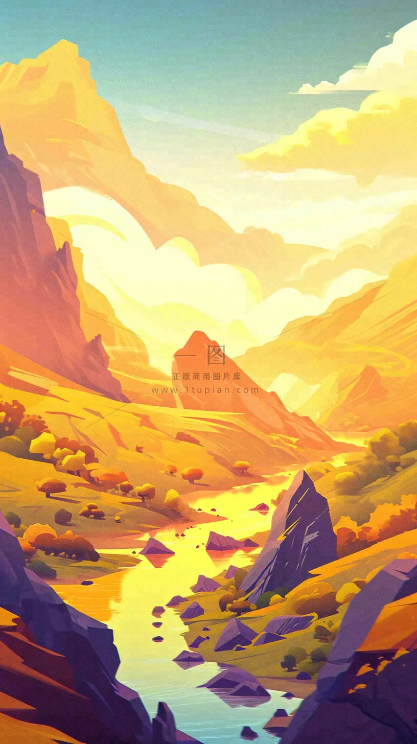 落日山脉河流小溪扁平手绘插画,旅行游玩登山郊游