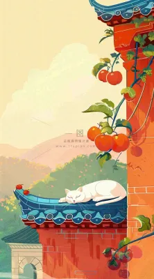 秋天红色宫墙上的白猫柿子树国风插画立秋秋分背景 秋天红色宫墙上的白猫柿子树国风插画立秋秋分背景