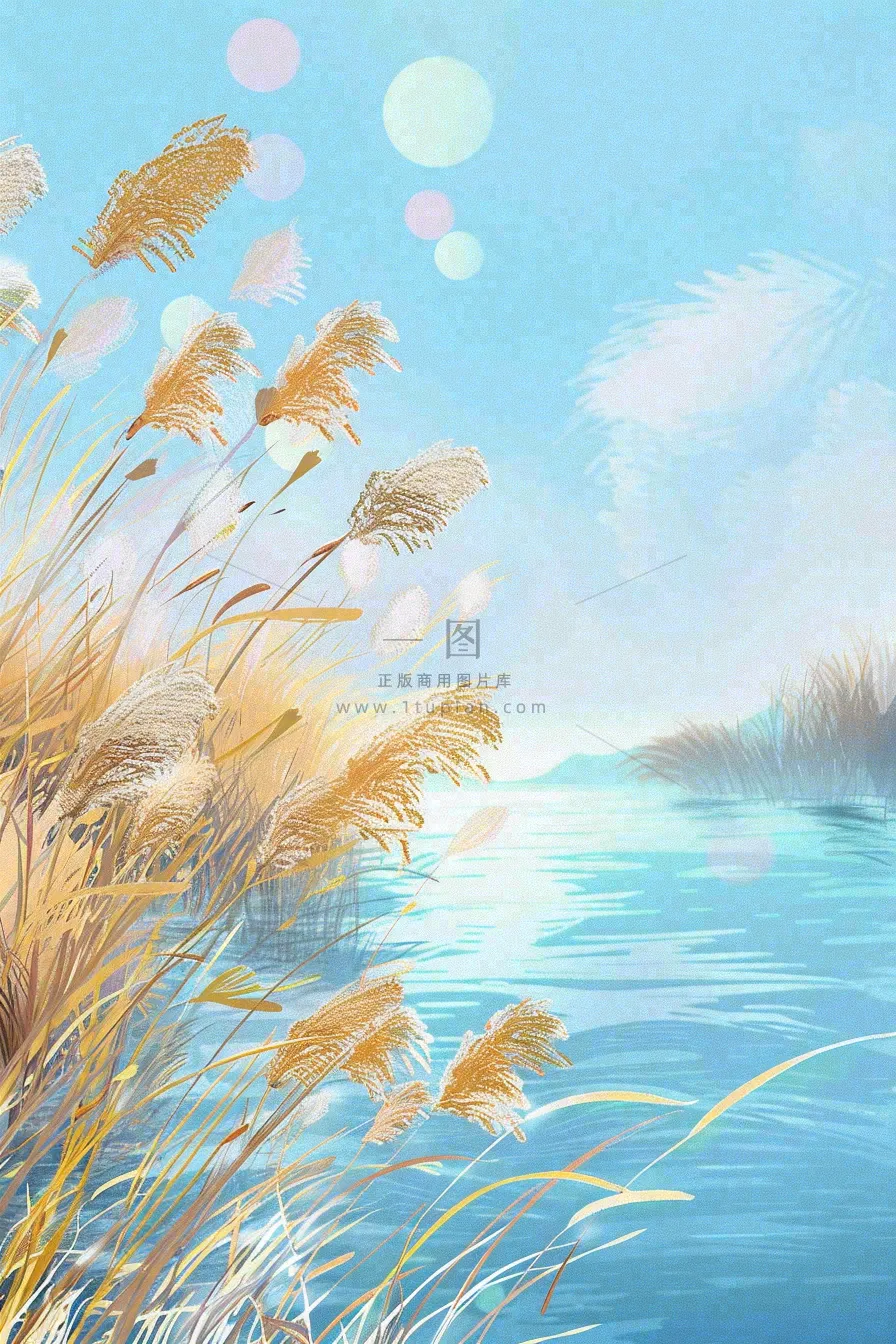 水彩芦苇荡山水画古风中国风白露插画寒露处暑背景