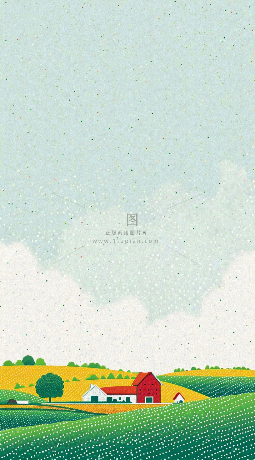 清新山脉草坪点线面扁平屋子树木手绘插画