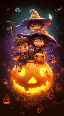 梦幻黑色万圣节恐怖南瓜，夜晚卡通动漫插画