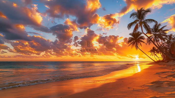 落日海洋沙滩夕阳晚霞摄影图 