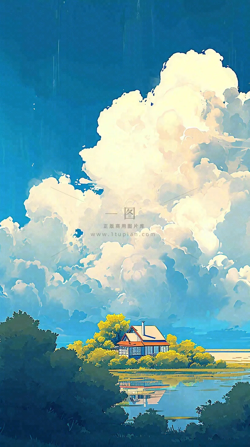 春天乡村河流倒影草地蓝天白云小屋手绘插画