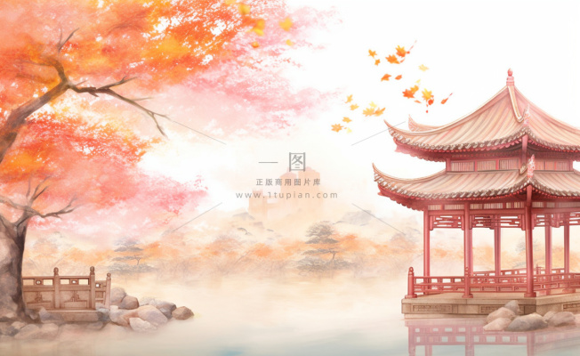秋季枫叶晚亭山水湖面倒影美景中国风水墨画插画背景 秋季枫叶晚亭山水湖面倒影美景中国风水墨画插画背景