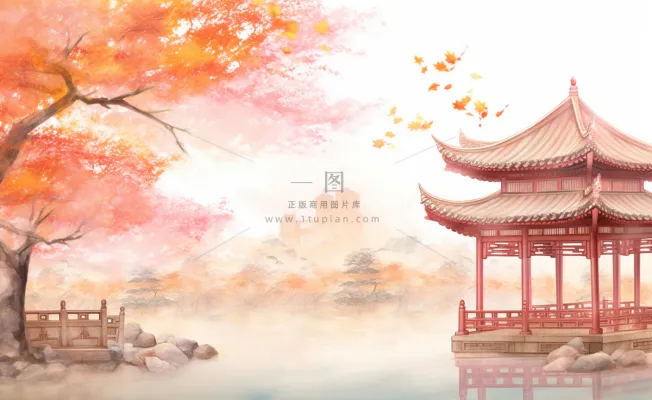 秋季枫叶晚亭山水湖面倒影美景中国风水墨画插画背景 秋季枫叶晚亭山水湖面倒影美景中国风水墨画插画背景