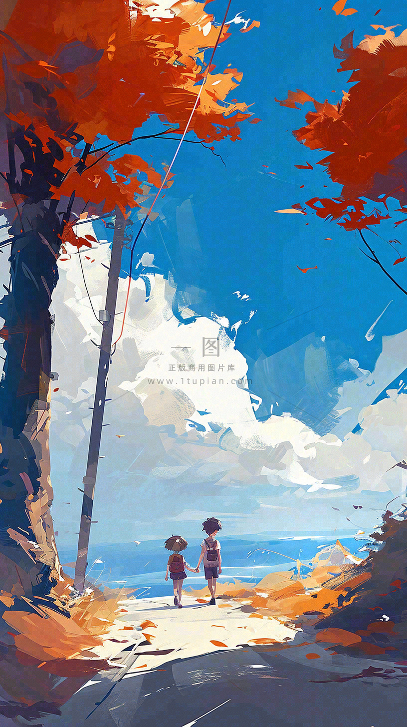 秋天红色秋叶树落叶温馨自然风景,立秋手绘插画