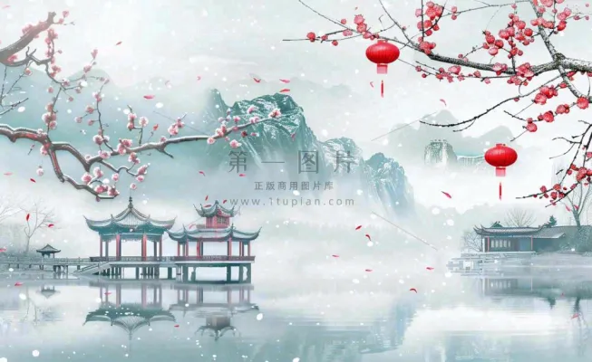冬天雪景江南风景梅花枝头凉亭红灯笼寒露小雪冬至立冬卡通插画背景 冬天雪景江南风景梅花枝头凉亭红灯笼寒露小雪冬至立冬卡通插画背景