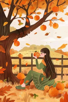 秋天橘子树下的女孩果实果树丰收立秋秋分卡通插画背景 秋天橘子树下的女孩果实果树丰收立秋秋分卡通插画背景