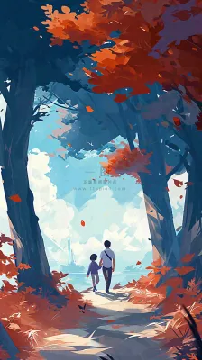 秋天红色秋叶树落叶温馨自然风景，立秋手绘插画