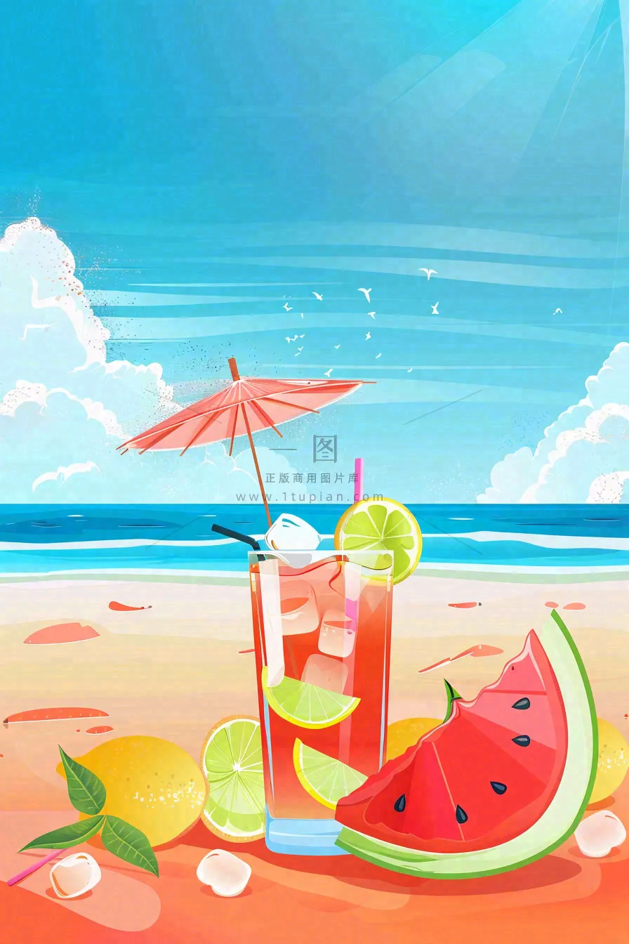 炎热夏日冰镇饮料饮品西瓜汁海边沙滩蓝天白云立夏夏至大暑小暑处暑卡通插画背景