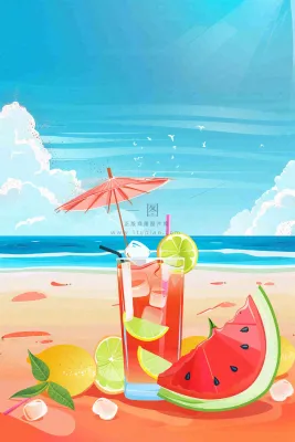 炎热夏日冰镇饮料饮品西瓜汁海边沙滩蓝天白云立夏夏至大暑小暑处暑卡通插画背景 炎热夏日冰镇饮料饮品西瓜汁海边沙滩蓝天白云立夏夏至大暑小暑处暑卡通插画背景