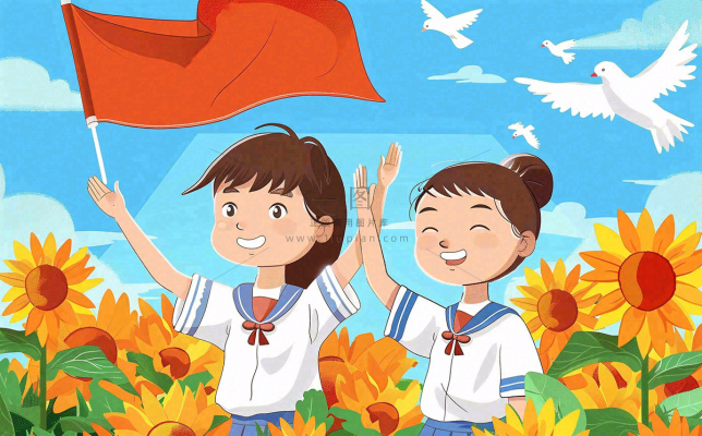 红色国庆节少先队员旗帜向日葵插画十一国庆节插画背景 红色国庆节少先队员旗帜向日葵插画十一国庆节插画背景