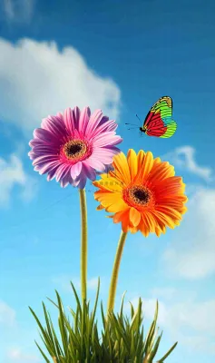 春天蓝天白云草坪鲜花，五彩缤纷鲜艳摄影图