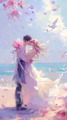 海边爱情情侣浪漫拥抱接吻，情人节婚纱照手绘插画