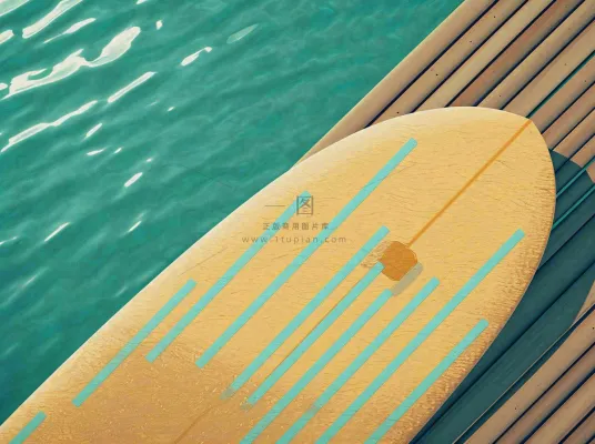 海边清爽扁平条纹插画手绘，海浪夏日