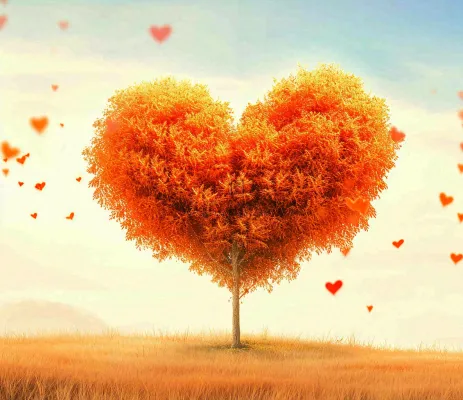 秋天爱心树木橙红色落叶蓝天温馨