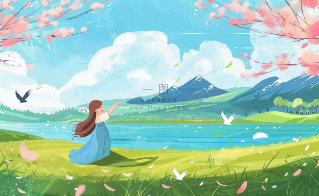 唯美治愈春天女孩踏青旅游立春春分惊蛰卡通插画背景