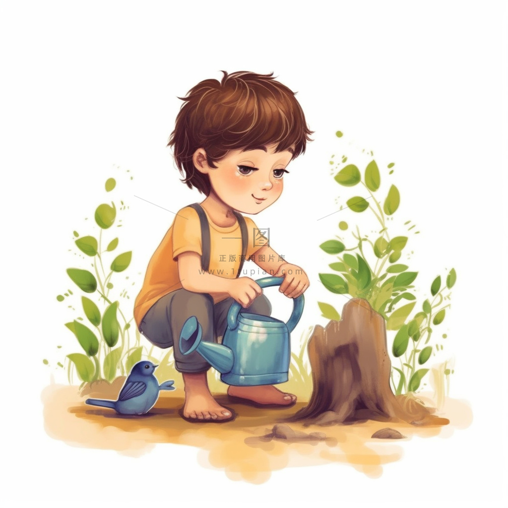 春夏小男孩在给绿植植物浇水插画海报素材背景